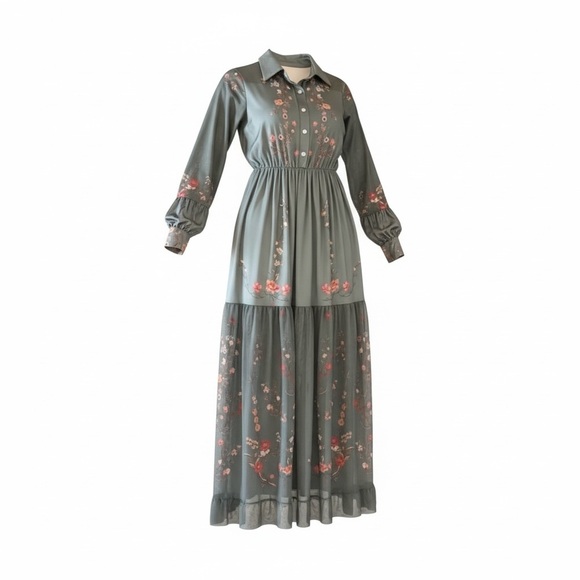 Dresses & Skirts - Floral Embroidered Sage Green Maxi Dress​
